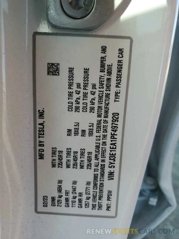 14 fotografías del automóvil dañado 5YJ3E1EA1PF497920 TESLA MODEL 3 2023