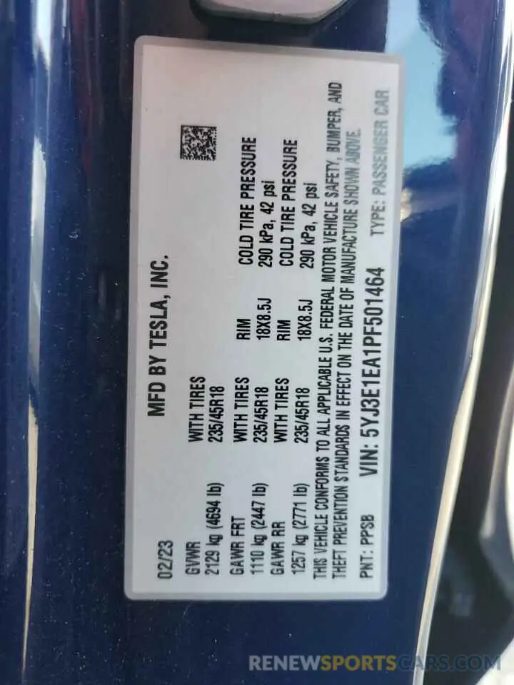 13 fotografías del automóvil dañado 5YJ3E1EA1PF501464 TESLA MODEL 3 2023