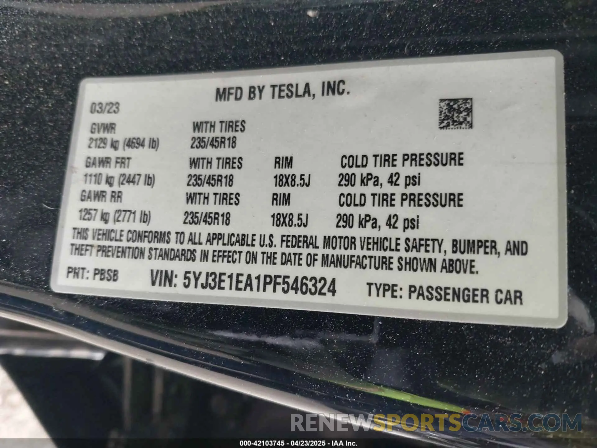 9 fotografías del automóvil dañado 5YJ3E1EA1PF546324 TESLA MODEL 3 2023
