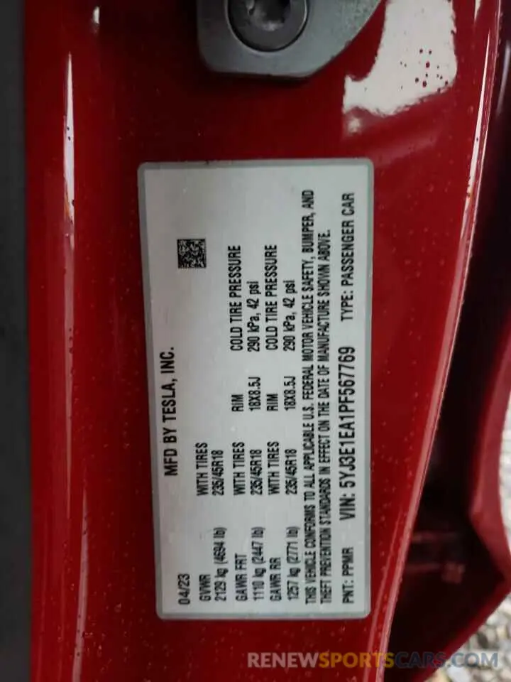 13 fotografías del automóvil dañado 5YJ3E1EA1PF567769 TESLA MODEL 3 2023