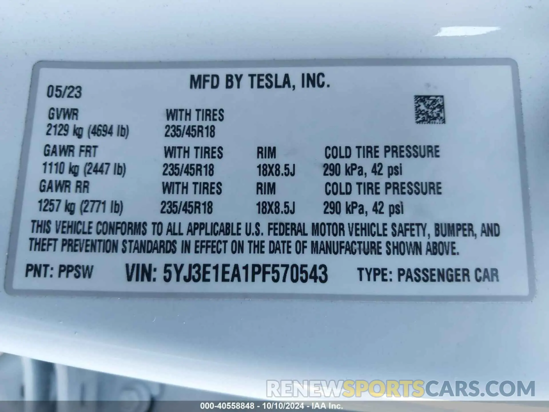 9 fotografías del automóvil dañado 5YJ3E1EA1PF570543 TESLA MODEL 3 2023