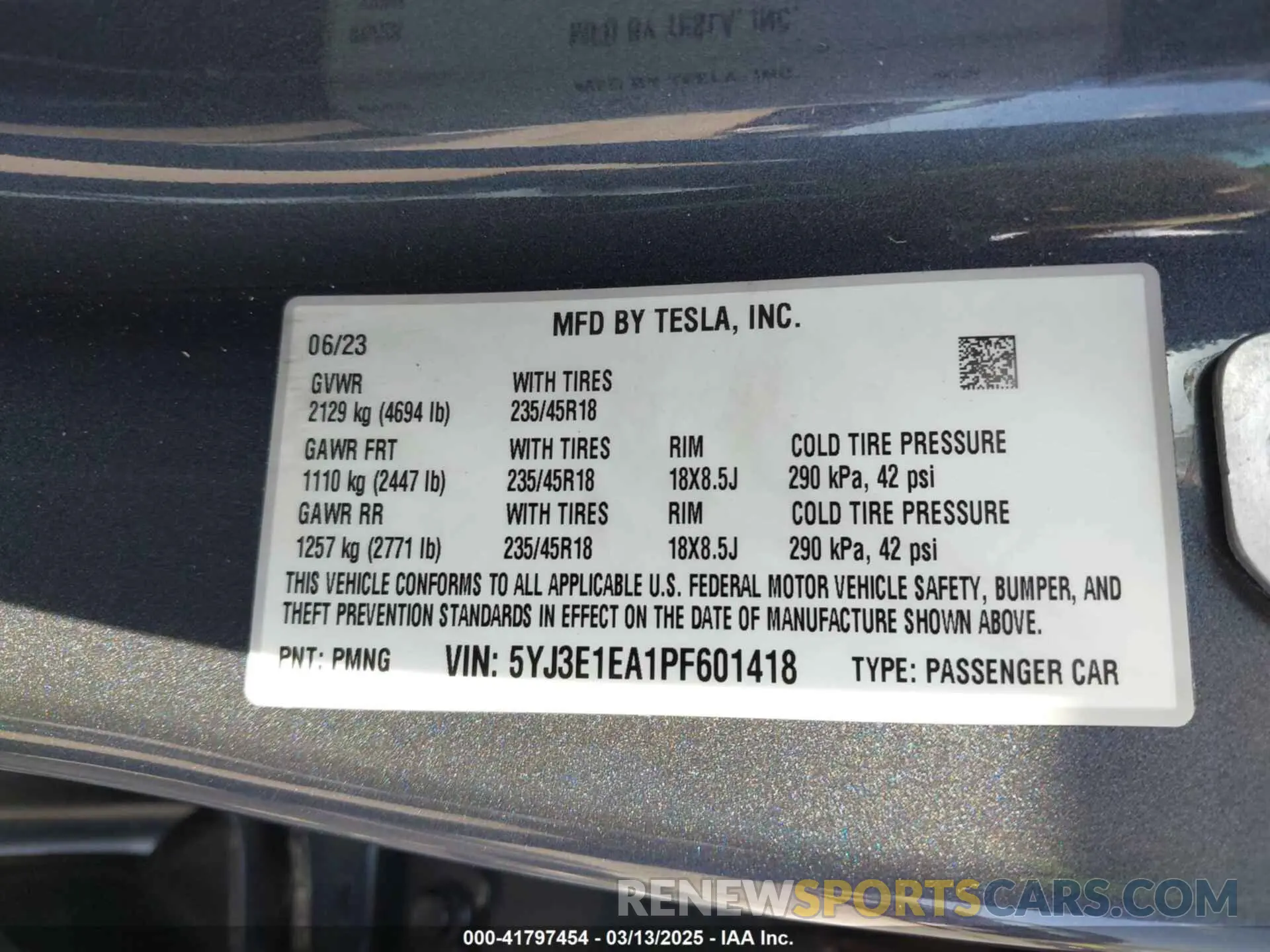 9 fotografías del automóvil dañado 5YJ3E1EA1PF601418 TESLA MODEL 3 2023