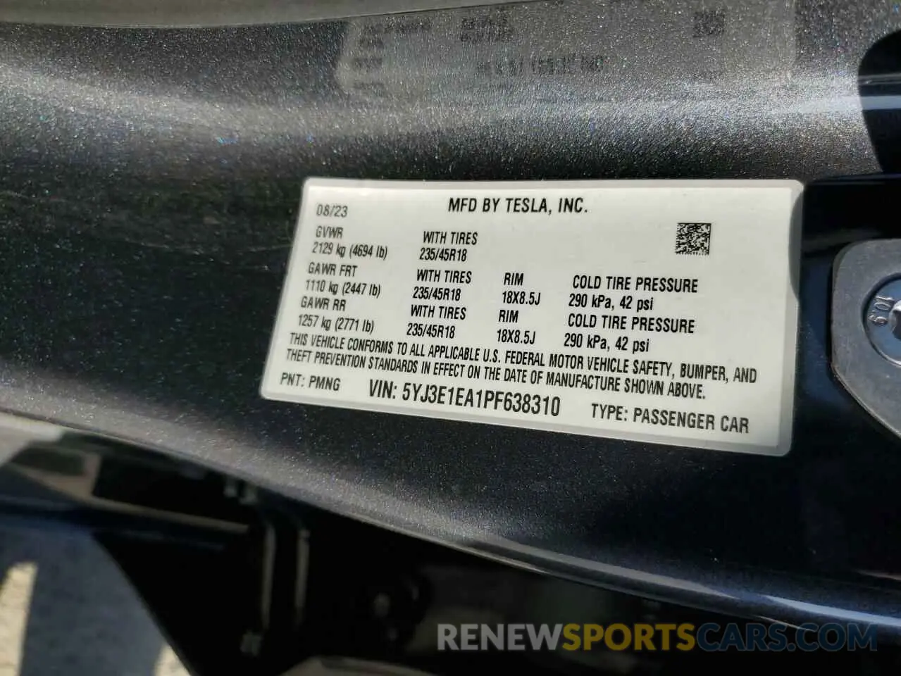 12 fotografías del automóvil dañado 5YJ3E1EA1PF638310 TESLA MODEL 3 2023