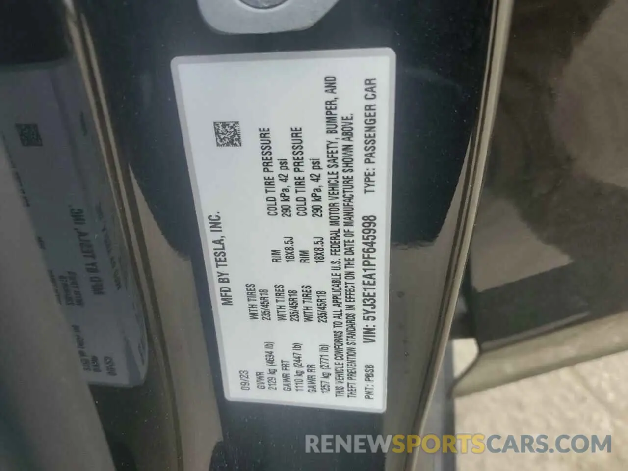 14 fotografías del automóvil dañado 5YJ3E1EA1PF645998 TESLA MODEL 3 2023