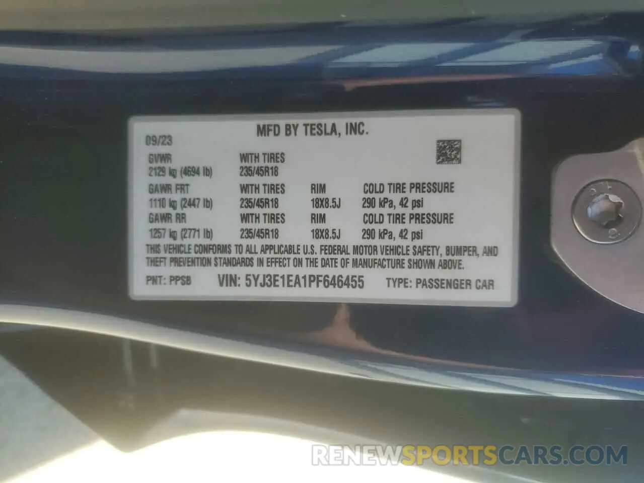 12 fotografías del automóvil dañado 5YJ3E1EA1PF646455 TESLA MODEL 3 2023