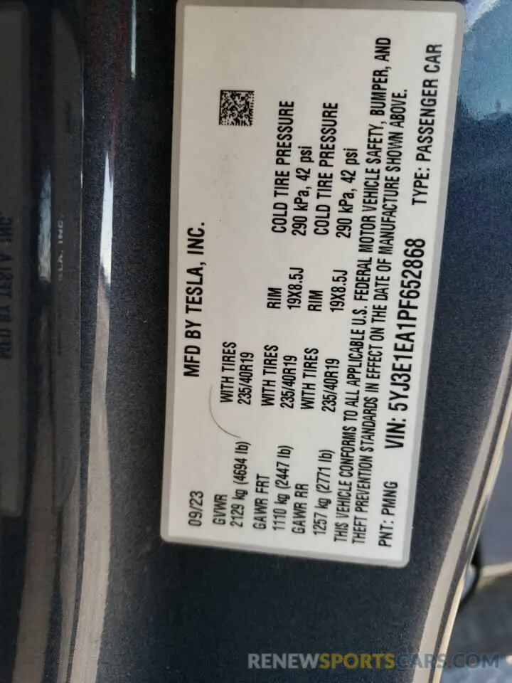 12 fotografías del automóvil dañado 5YJ3E1EA1PF652868 TESLA MODEL 3 2023