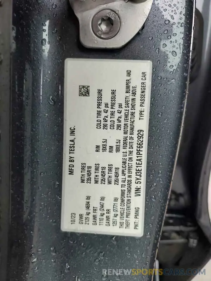 12 fotografías del automóvil dañado 5YJ3E1EA1PF662929 TESLA MODEL 3 2023