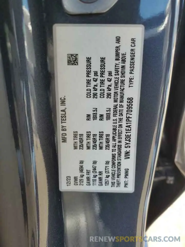 12 fotografías del automóvil dañado 5YJ3E1EA1PF709568 TESLA MODEL 3 2023