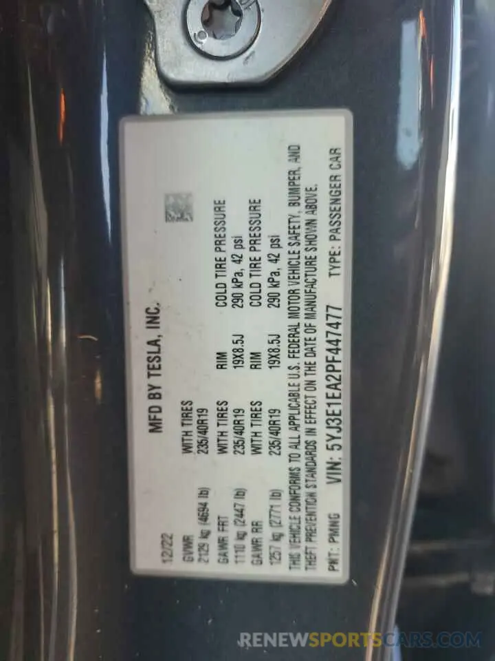 12 fotografías del automóvil dañado 5YJ3E1EA2PF447477 TESLA MODEL 3 2023