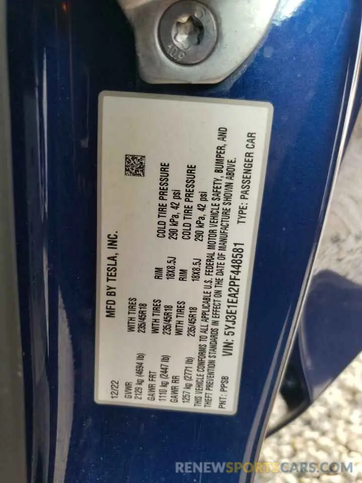 14 fotografías del automóvil dañado 5YJ3E1EA2PF448581 TESLA MODEL 3 2023