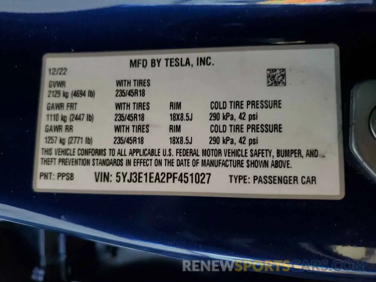 12 fotografías del automóvil dañado 5YJ3E1EA2PF451027 TESLA MODEL 3 2023