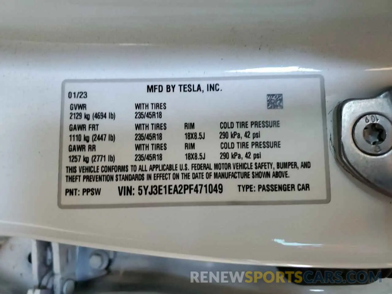 12 fotografías del automóvil dañado 5YJ3E1EA2PF471049 TESLA MODEL 3 2023