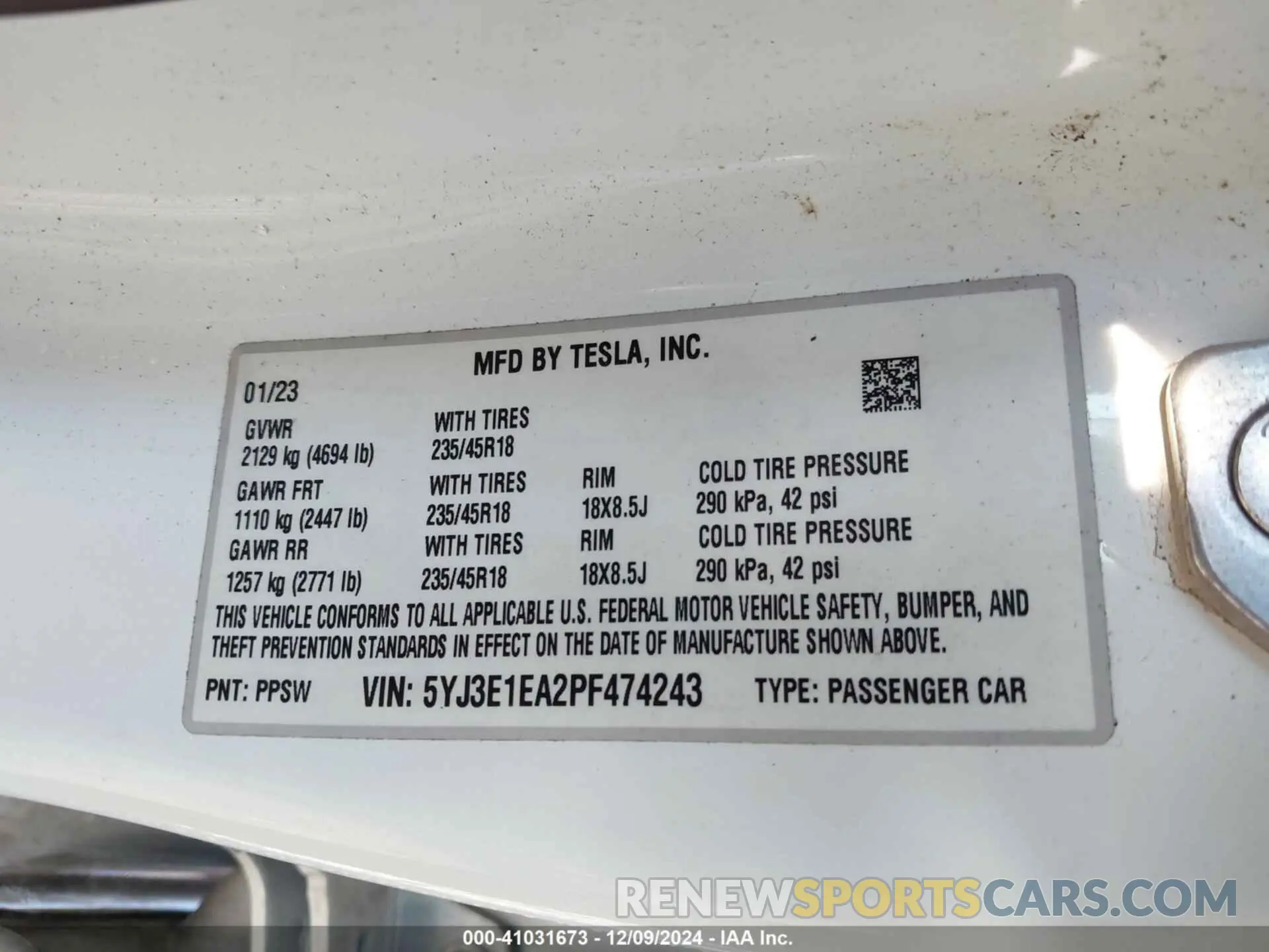 9 fotografías del automóvil dañado 5YJ3E1EA2PF474243 TESLA MODEL 3 2023