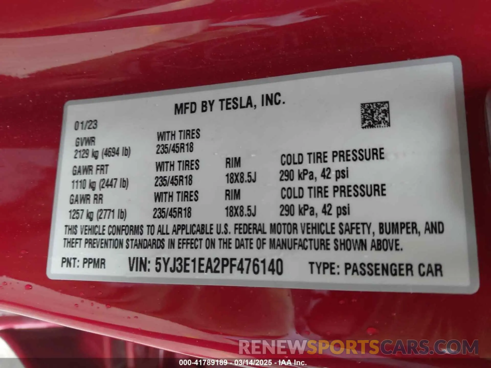 9 fotografías del automóvil dañado 5YJ3E1EA2PF476140 TESLA MODEL 3 2023