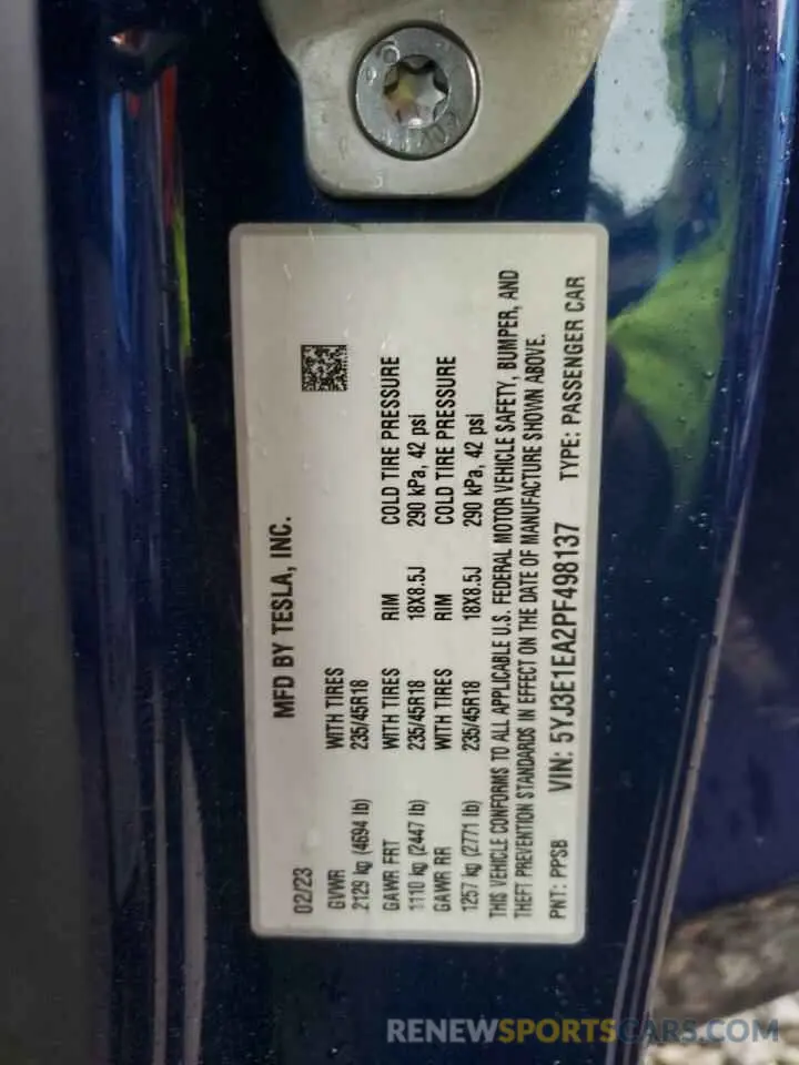 12 fotografías del automóvil dañado 5YJ3E1EA2PF498137 TESLA MODEL 3 2023
