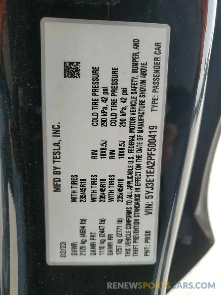 14 fotografías del automóvil dañado 5YJ3E1EA2PF500419 TESLA MODEL 3 2023