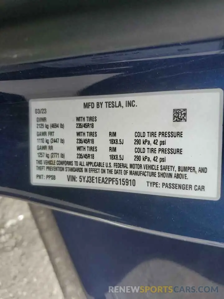 12 fotografías del automóvil dañado 5YJ3E1EA2PF515910 TESLA MODEL 3 2023