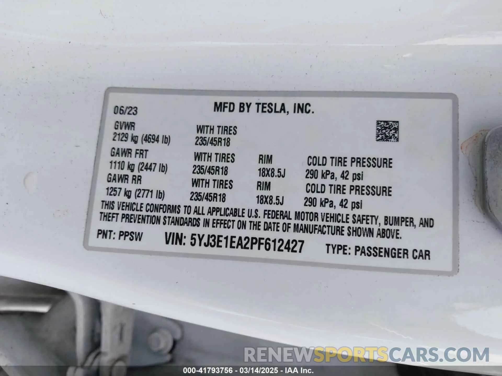9 fotografías del automóvil dañado 5YJ3E1EA2PF612427 TESLA MODEL 3 2023