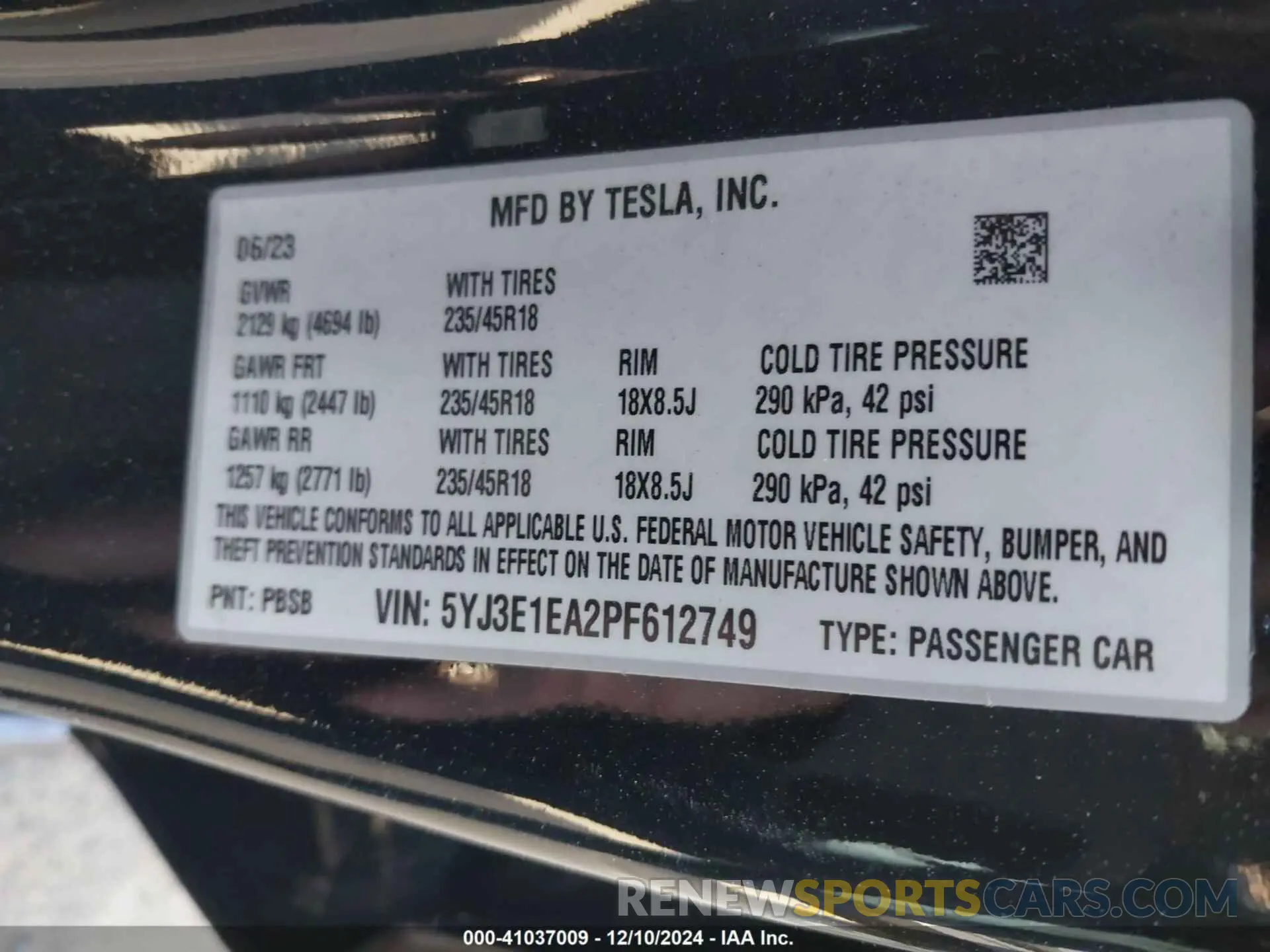 9 fotografías del automóvil dañado 5YJ3E1EA2PF612749 TESLA MODEL 3 2023