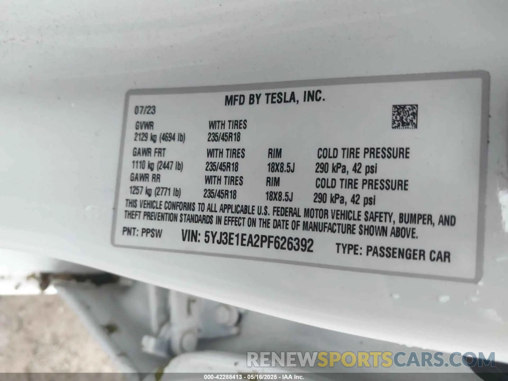 9 fotografías del automóvil dañado 5YJ3E1EA2PF626392 TESLA MODEL 3 2023