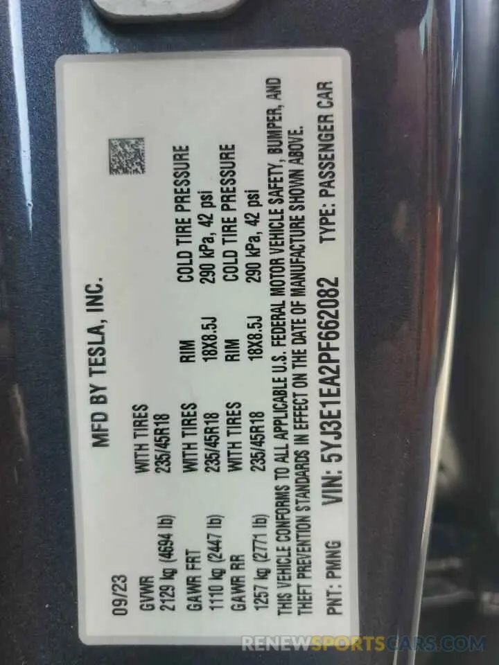 13 fotografías del automóvil dañado 5YJ3E1EA2PF662082 TESLA MODEL 3 2023