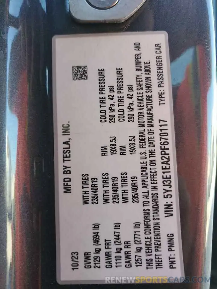 13 fotografías del automóvil dañado 5YJ3E1EA2PF670117 TESLA MODEL 3 2023