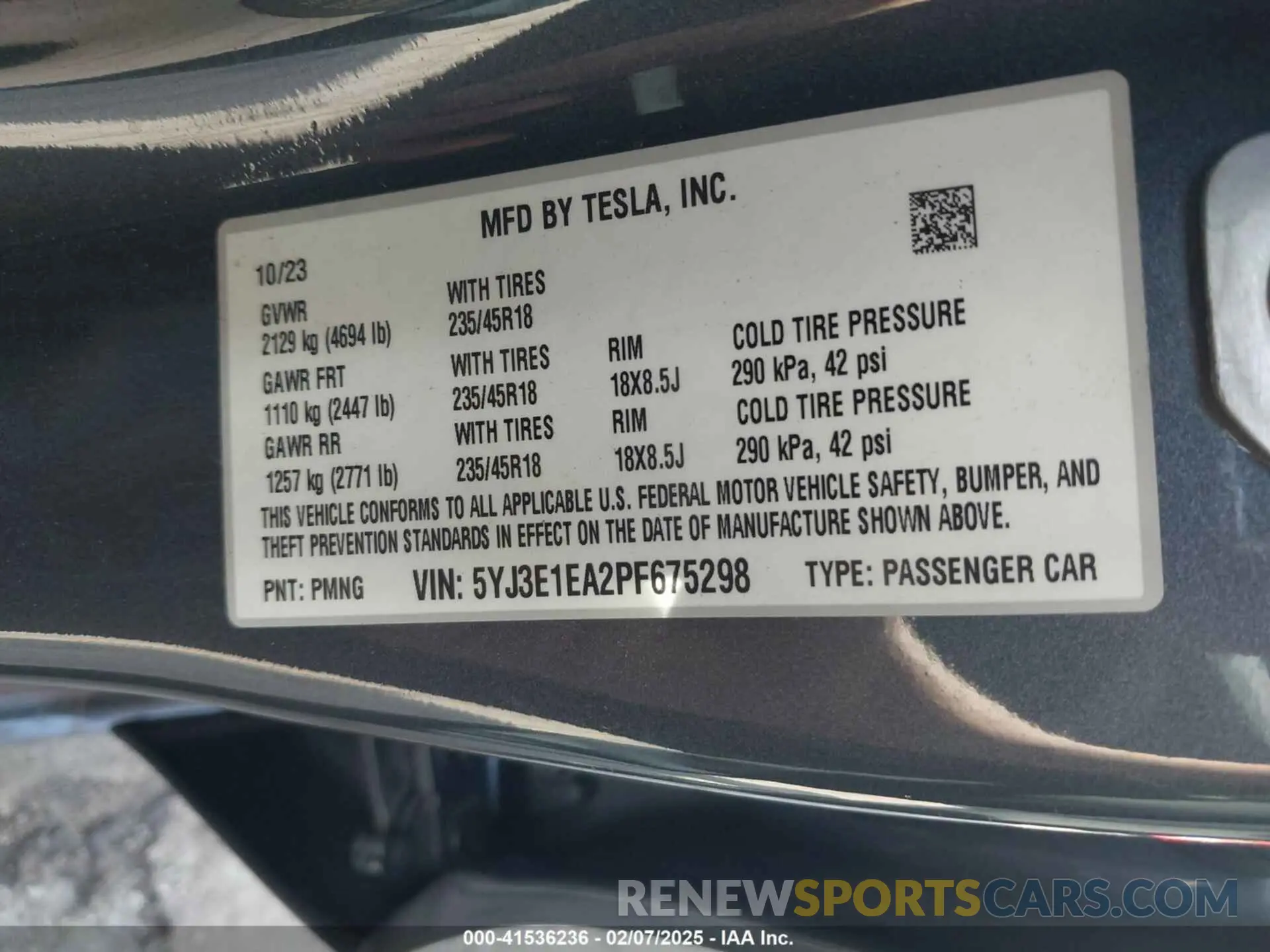 9 fotografías del automóvil dañado 5YJ3E1EA2PF675298 TESLA MODEL 3 2023