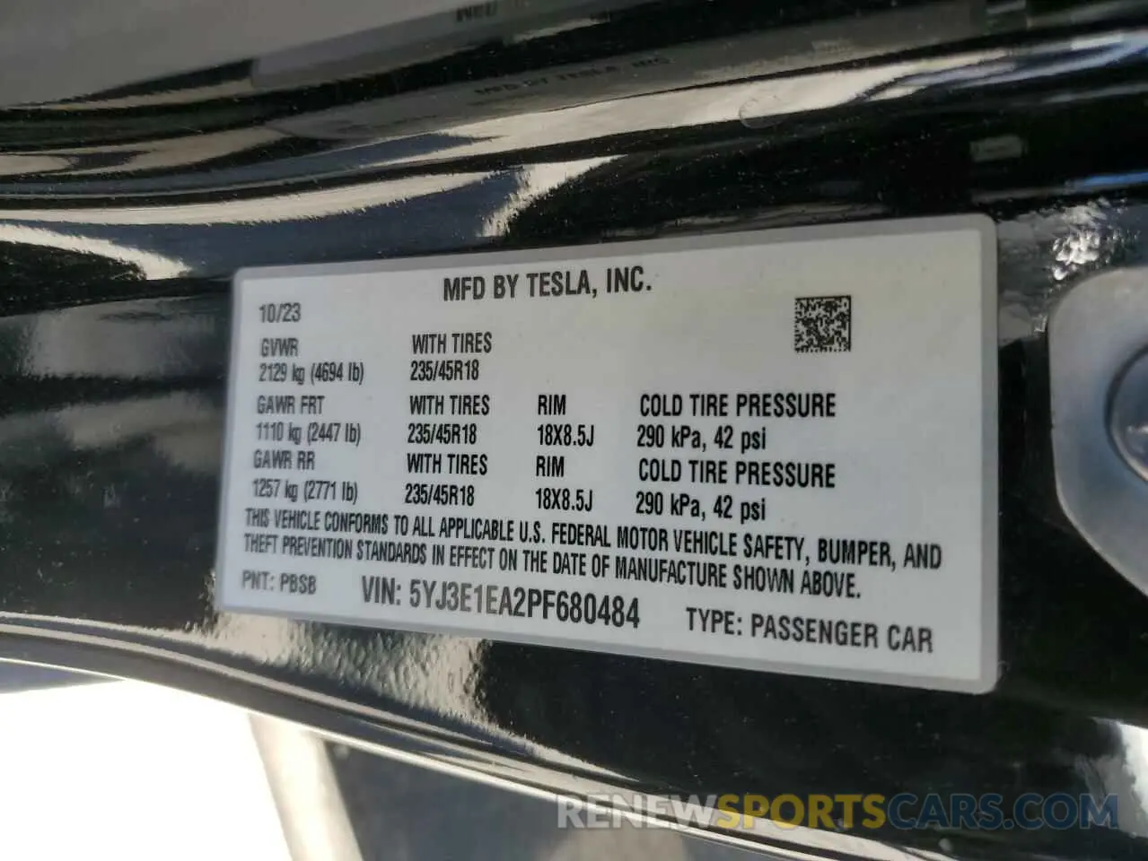 14 fotografías del automóvil dañado 5YJ3E1EA2PF680484 TESLA MODEL 3 2023