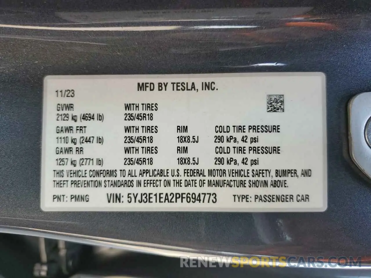 15 fotografías del automóvil dañado 5YJ3E1EA2PF694773 TESLA MODEL 3 2023