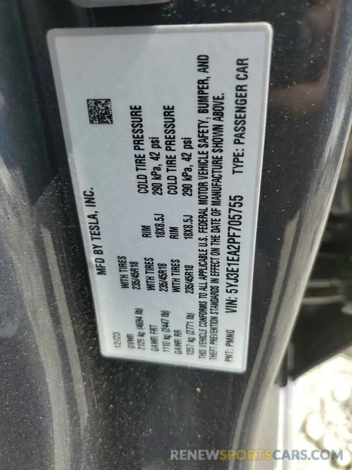 12 fotografías del automóvil dañado 5YJ3E1EA2PF705755 TESLA MODEL 3 2023