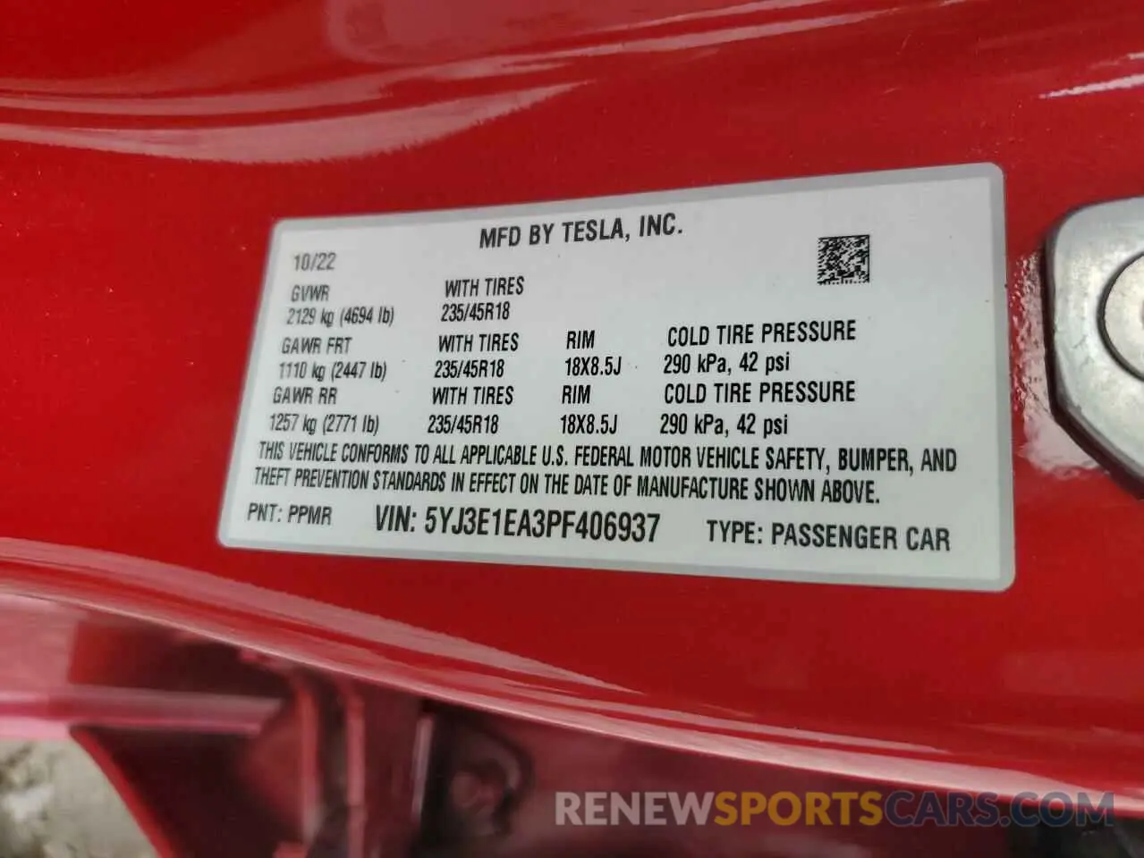 13 fotografías del automóvil dañado 5YJ3E1EA3PF406937 TESLA MODEL 3 2023
