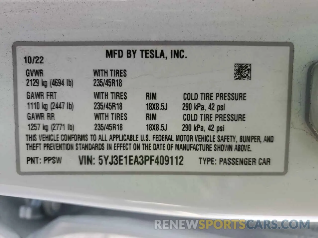 15 fotografías del automóvil dañado 5YJ3E1EA3PF409112 TESLA MODEL 3 2023
