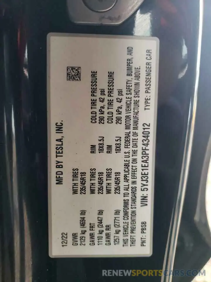 13 fotografías del automóvil dañado 5YJ3E1EA3PF434012 TESLA MODEL 3 2023
