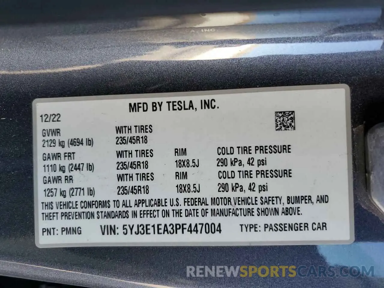 12 fotografías del automóvil dañado 5YJ3E1EA3PF447004 TESLA MODEL 3 2023