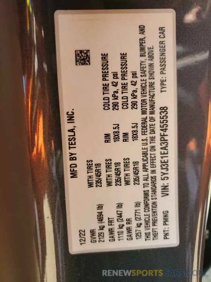 12 fotografías del automóvil dañado 5YJ3E1EA3PF455538 TESLA MODEL 3 2023