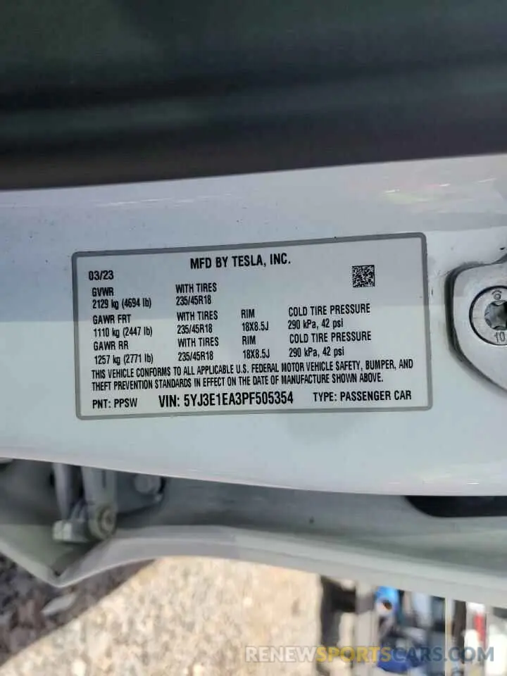 13 fotografías del automóvil dañado 5YJ3E1EA3PF505354 TESLA MODEL 3 2023