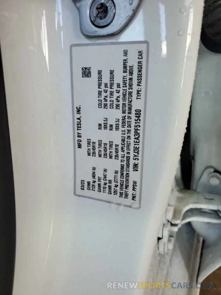 12 fotografías del automóvil dañado 5YJ3E1EA3PF515480 TESLA MODEL 3 2023