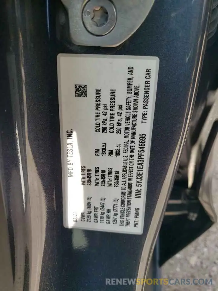 12 fotografías del automóvil dañado 5YJ3E1EA3PF546695 TESLA MODEL 3 2023