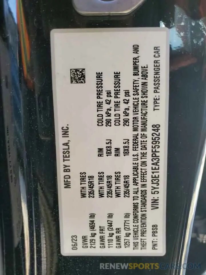 12 fotografías del automóvil dañado 5YJ3E1EA3PF595248 TESLA MODEL 3 2023