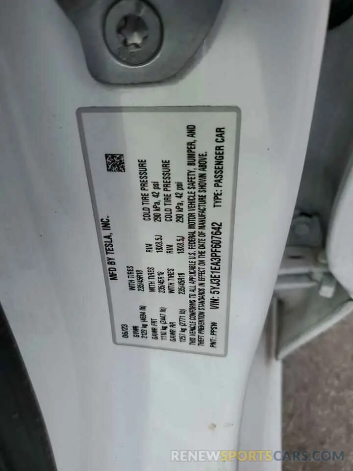 12 fotografías del automóvil dañado 5YJ3E1EA3PF607642 TESLA MODEL 3 2023