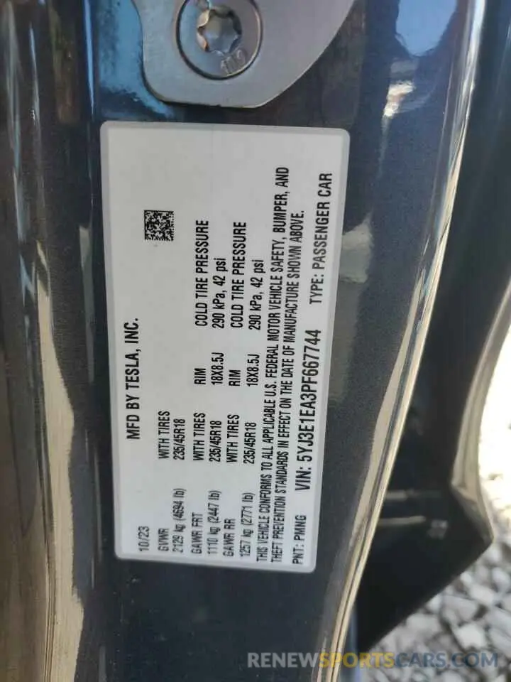 13 fotografías del automóvil dañado 5YJ3E1EA3PF667744 TESLA MODEL 3 2023