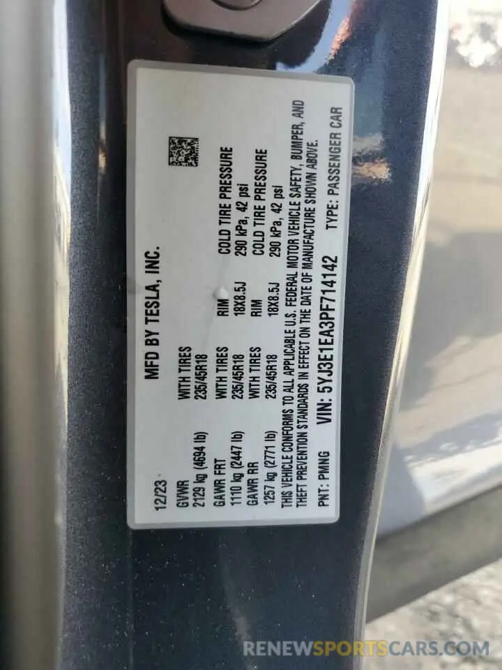 14 fotografías del automóvil dañado 5YJ3E1EA3PF714142 TESLA MODEL 3 2023