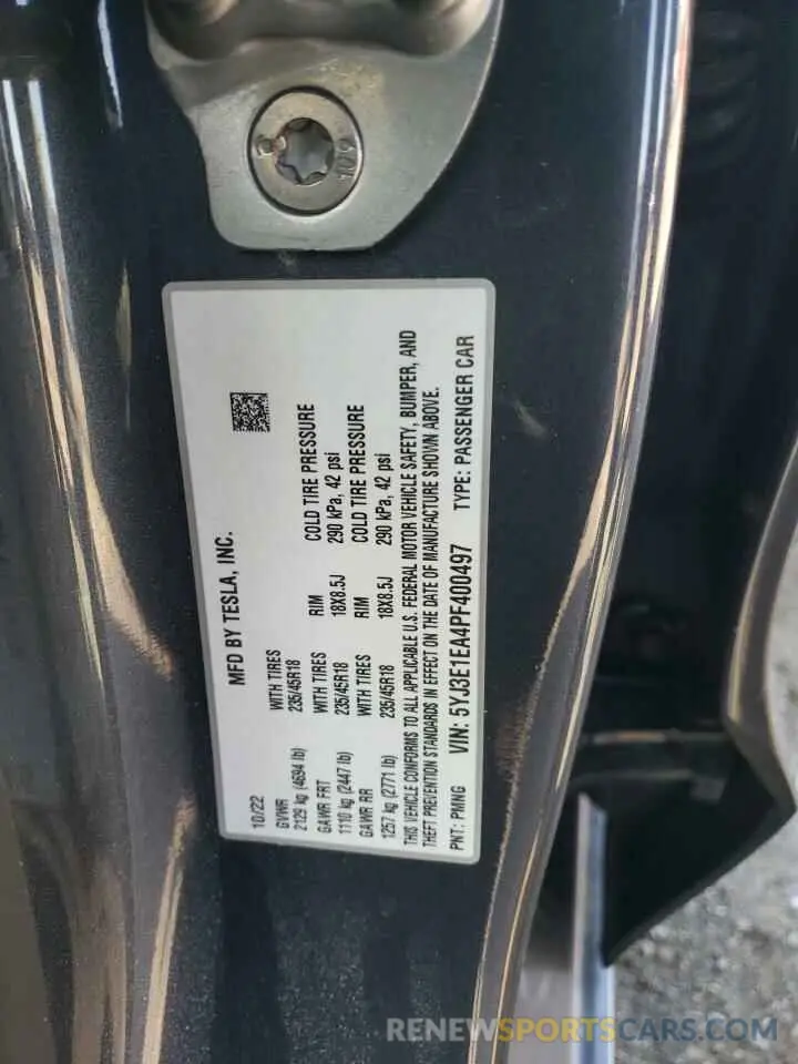 14 fotografías del automóvil dañado 5YJ3E1EA4PF400497 TESLA MODEL 3 2023