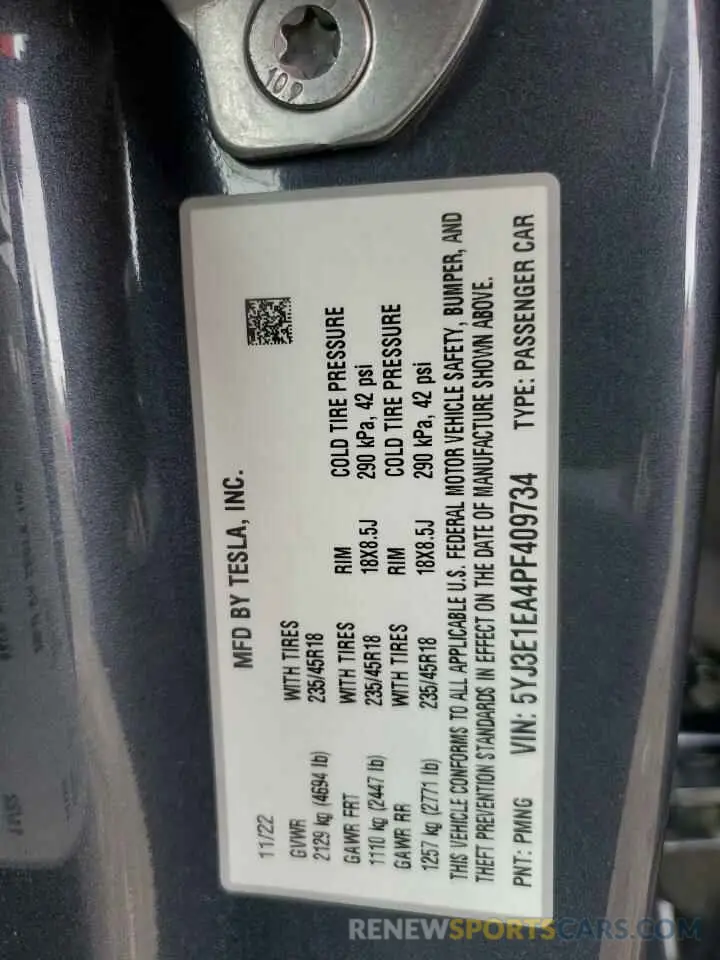 14 fotografías del automóvil dañado 5YJ3E1EA4PF409734 TESLA MODEL 3 2023