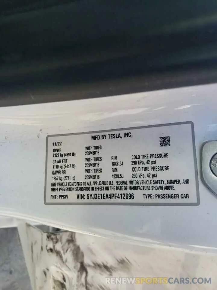 14 fotografías del automóvil dañado 5YJ3E1EA4PF412696 TESLA MODEL 3 2023
