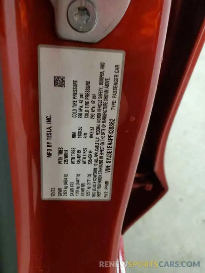 14 fotografías del automóvil dañado 5YJ3E1EA4PF438862 TESLA MODEL 3 2023