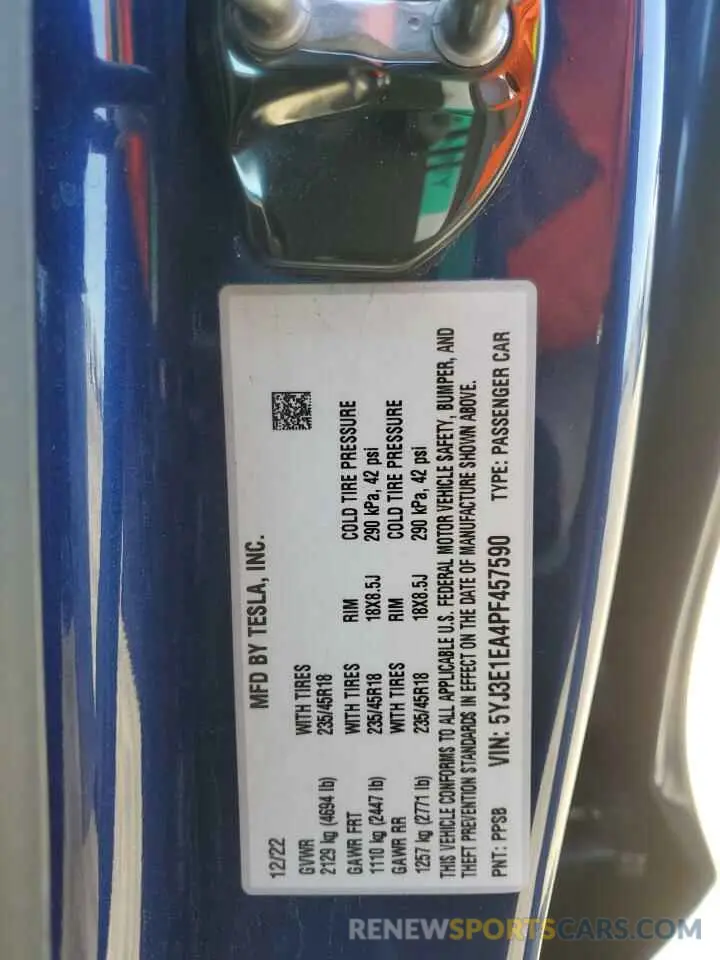13 fotografías del automóvil dañado 5YJ3E1EA4PF457590 TESLA MODEL 3 2023