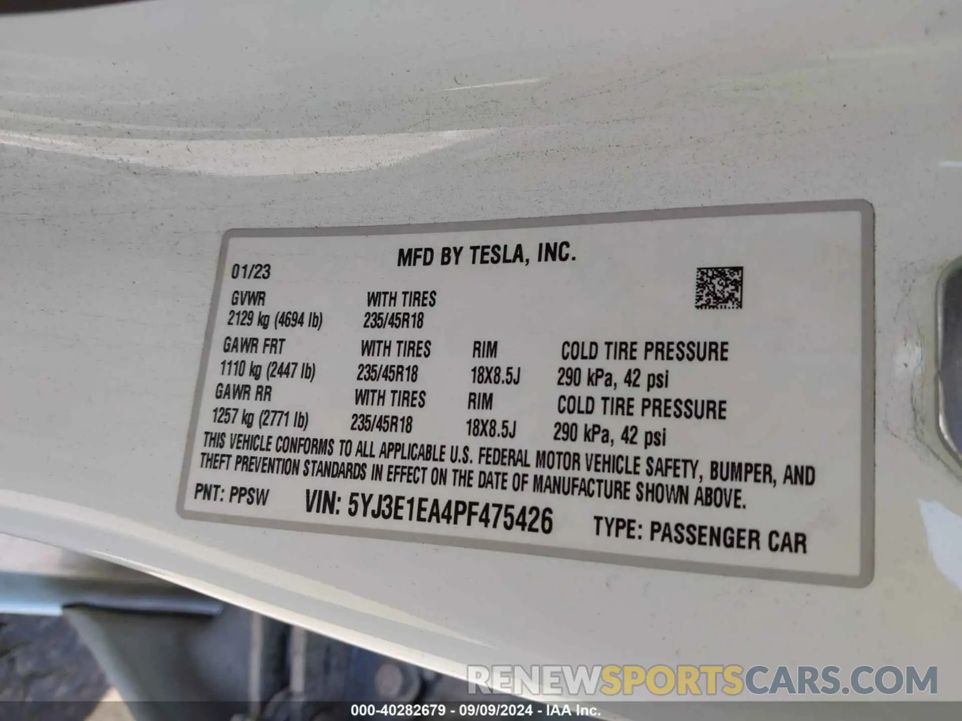 9 fotografías del automóvil dañado 5YJ3E1EA4PF475426 TESLA MODEL 3 2023