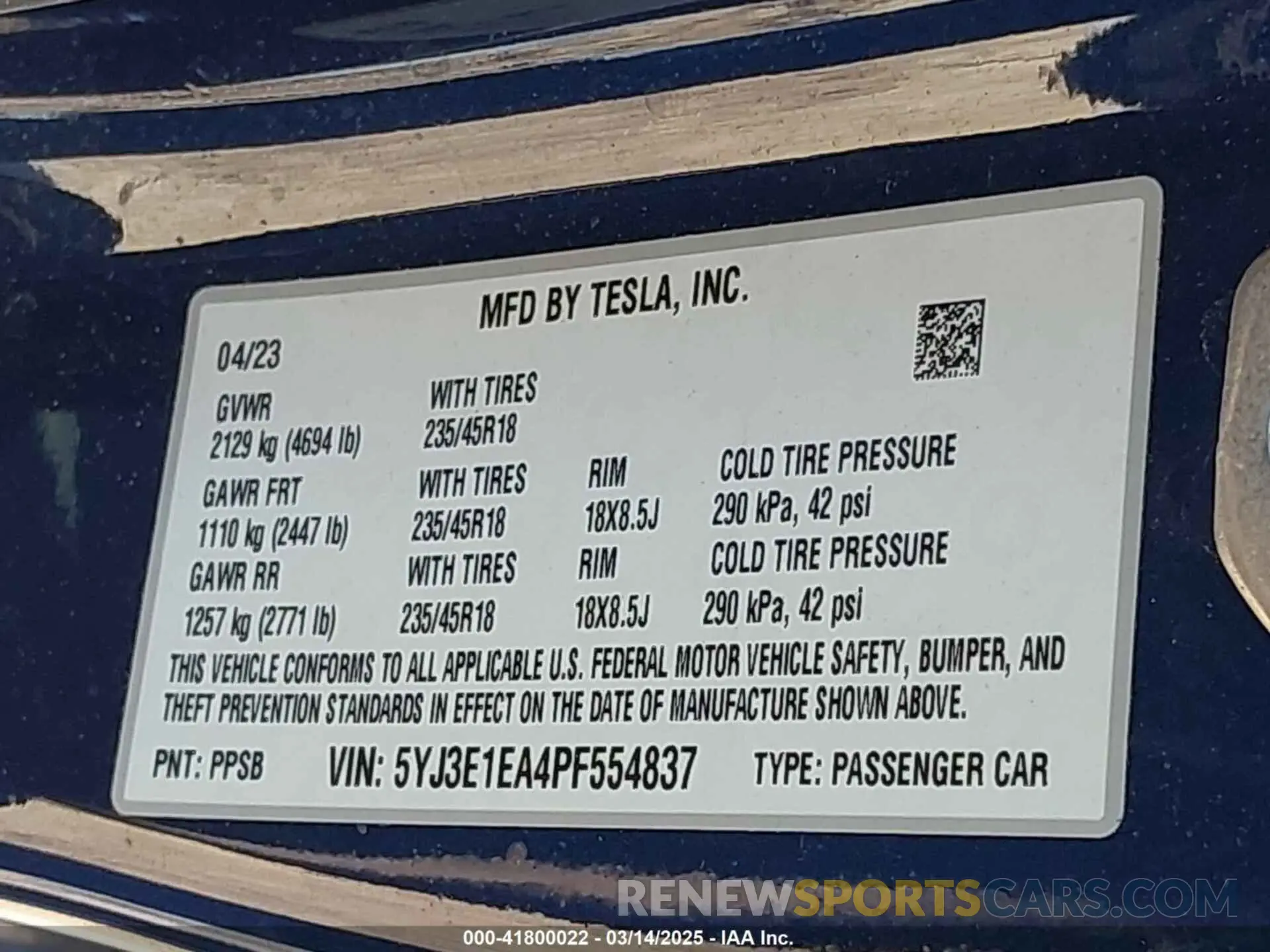 9 fotografías del automóvil dañado 5YJ3E1EA4PF554837 TESLA MODEL 3 2023