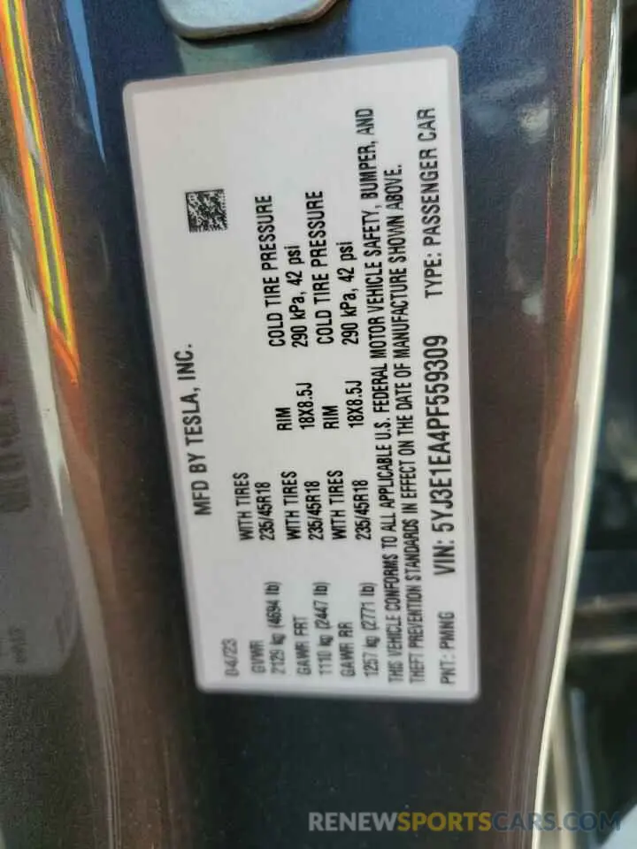 12 fotografías del automóvil dañado 5YJ3E1EA4PF559309 TESLA MODEL 3 2023